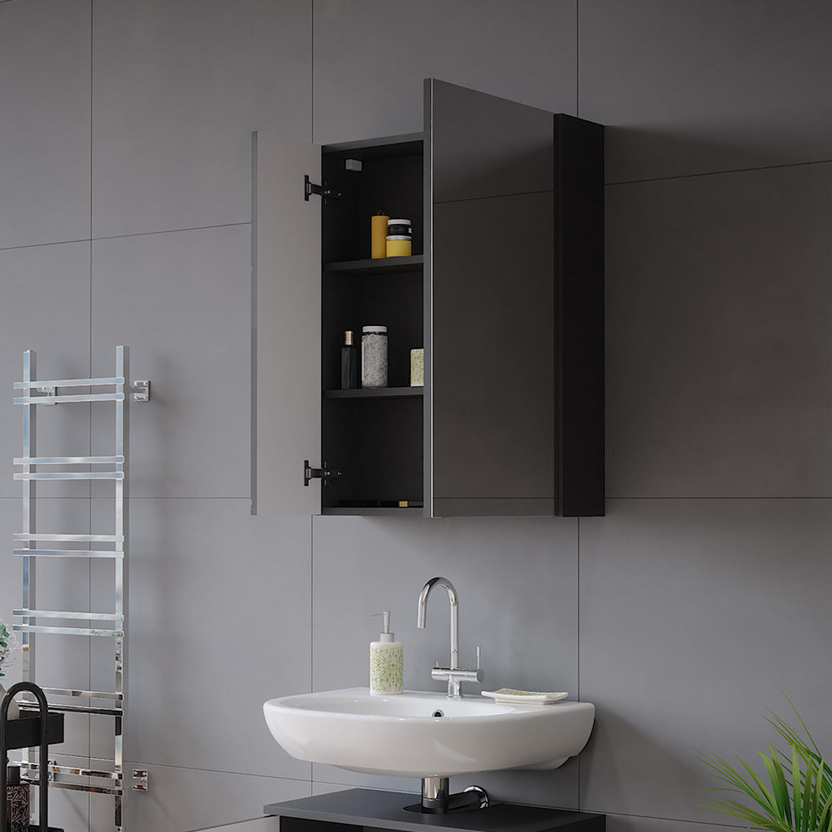 BADSPIEGELSCHRANK Irma Anthrazit/Anthrazit Hochglanz 60 x 75 cm - Anthrazit, Holzwerkstoff (60/75/17.2cm) - Vicco
