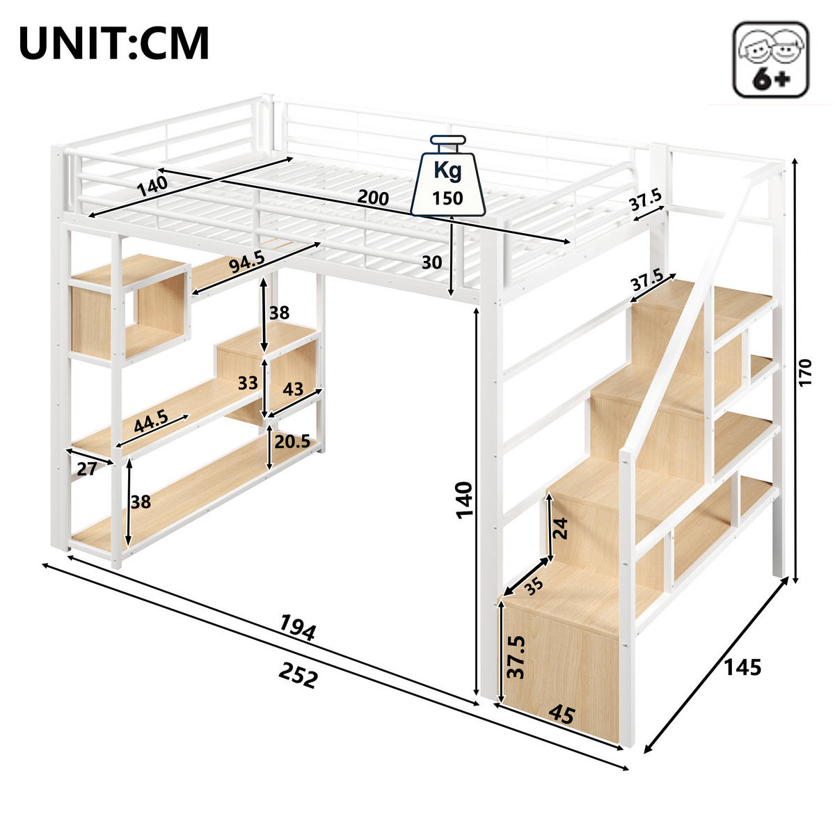 HOCHBETT 140x200 Metall Weiß mit Stauraum LED Beleuchtung Treppe - Weiß, Metall - Gisaae
