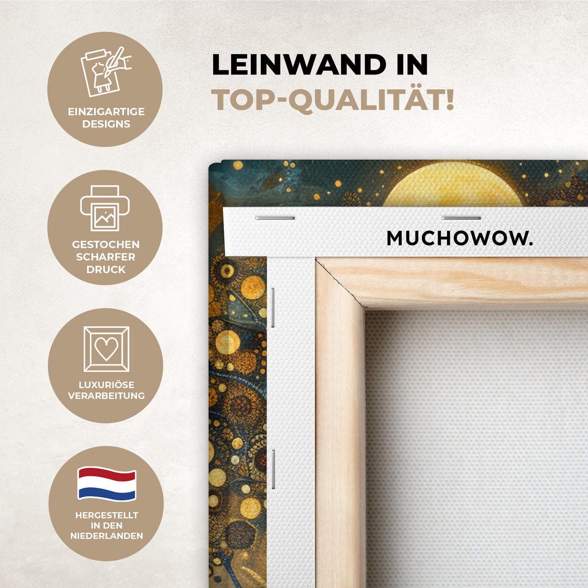 LEINWANDBILD Baum - Mond - Blumen - Gold - Kunst Deko Wohnzimmer 20x20 cm - Orange, Textil (20/20cm) - MuchoWow