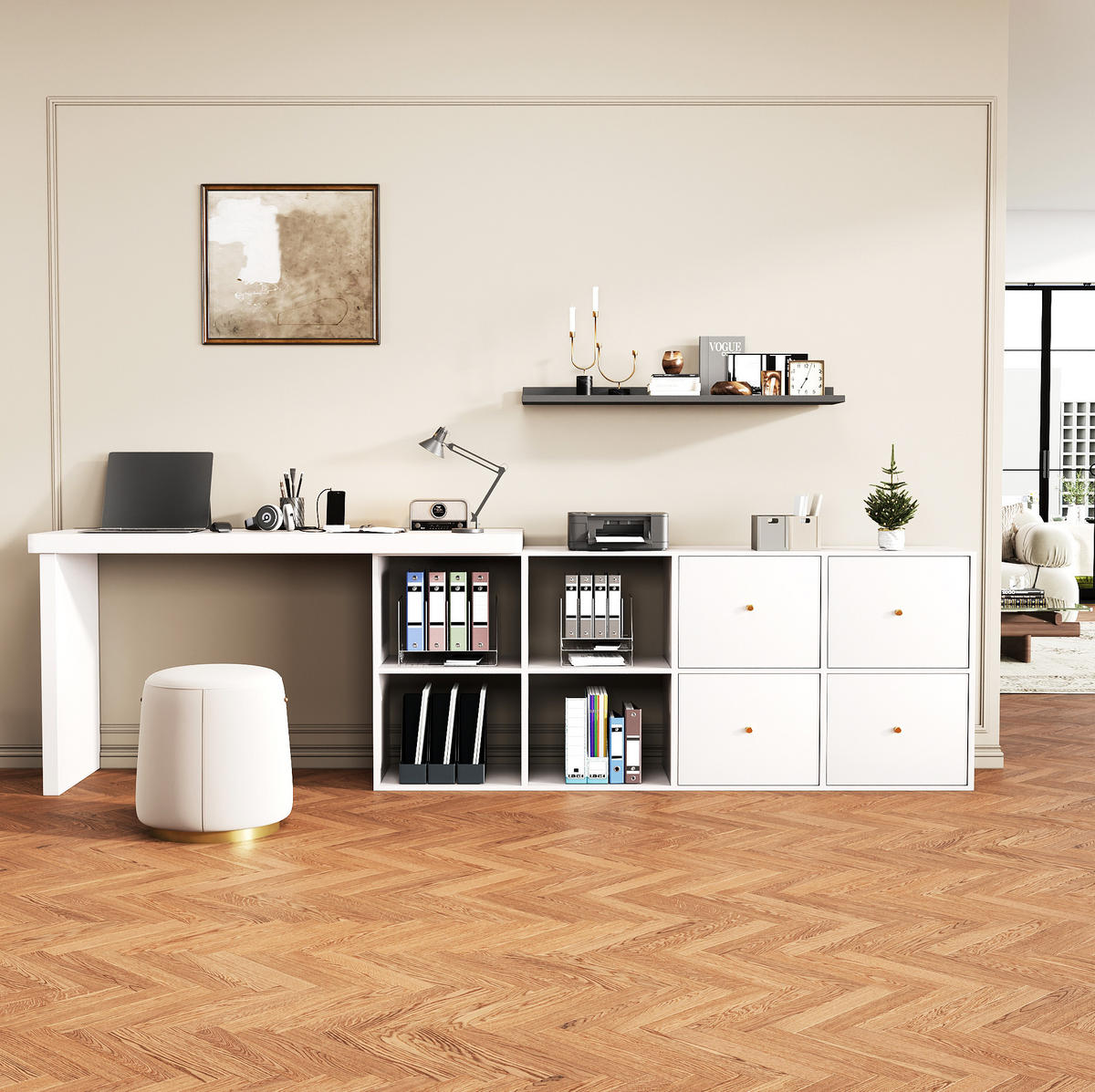 SCHREIBTISCH drehbar L-Form oder gerade MDF Weiß mit 8 Fächern - Weiß, Holz (140/120/78cm) - Meubliv