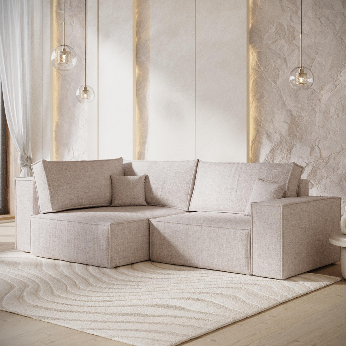 ECKSOFA AVION mit Schlaffunktion Hellbeige im Neve Stoff - Sandfarben/Schwarz, Holz/Holzwerkstoff (253/148cm) - AltaBeds