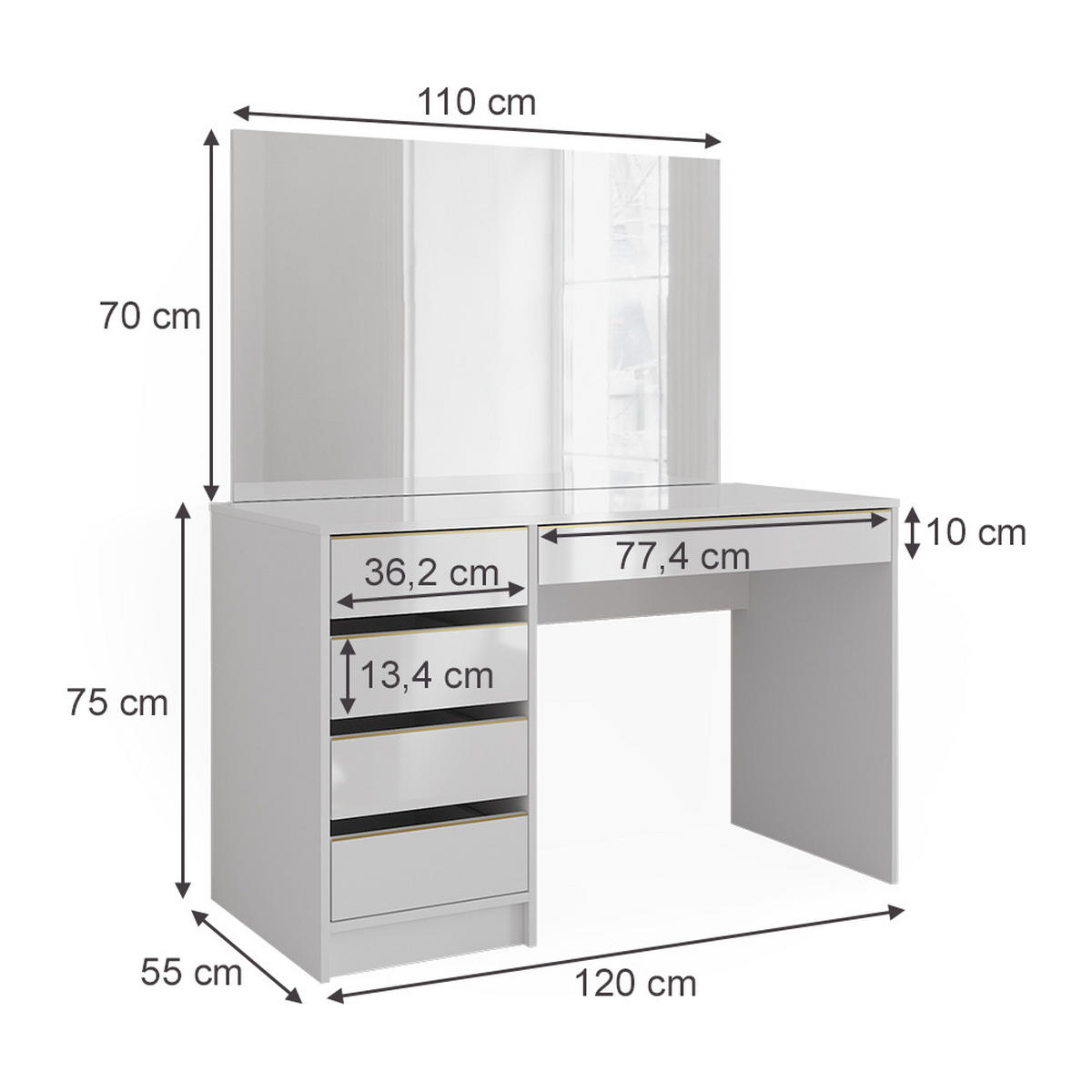 SCHMINKTISCH Sherry Weiß/Gold 120 cm mit Spiegel - Goldfarben/Weiß, Holzwerkstoff (120/75/55cm) - Vicco