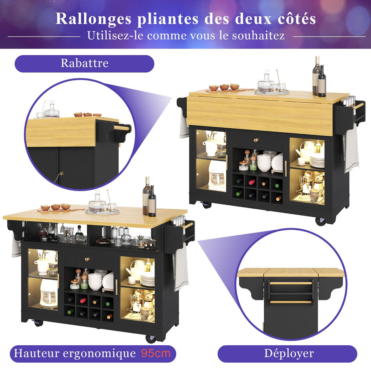 KÜCHENINSEL BEIDSEITIG AUSKLAPPBAR, Mit RGB LED Beleuchtung, 120/80/95 cm - Schwarz, Holzwerkstoff (80/95/120cm) - Rolipo
