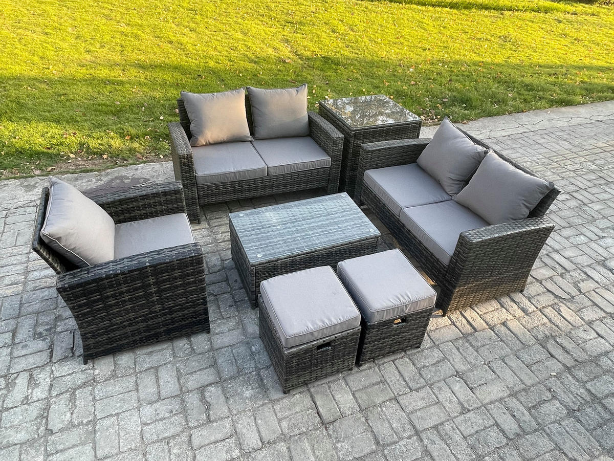 GARTENSOFA Hohe Rückenlehne Polyrattan Dunkelgrau 7-Sitzer - Dunkelgrau, Metall - Fimous