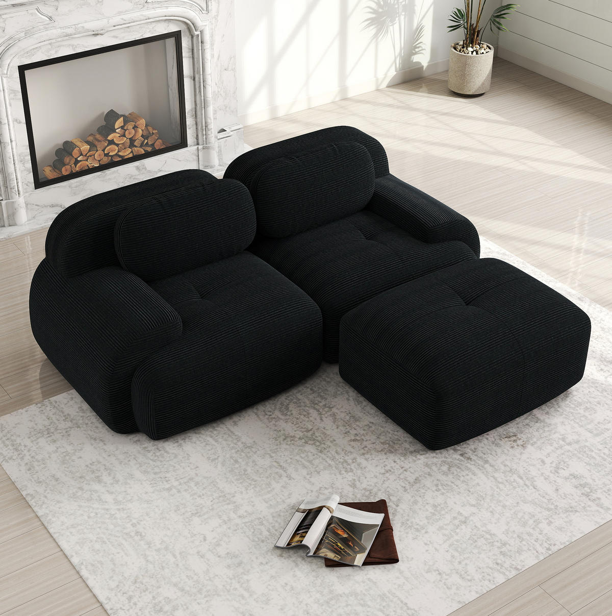 ECKSOFA modular, rahmenlos, mit geschwungenen Armlehnen und Cordbezug, Schwarz - Schwarz, Textil (208/178cm) - Redom