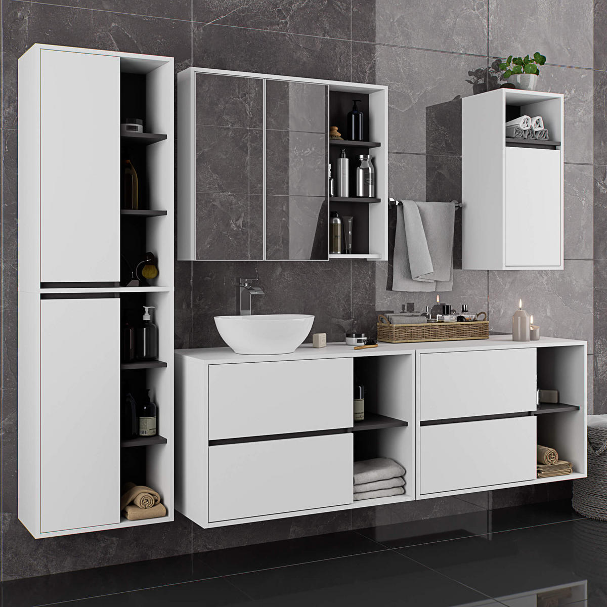 BAD HOCHSCHRANK Vami Weiß, Grau - Weiß/Grau, Holzwerkstoff (50/170/30cm) - Akord