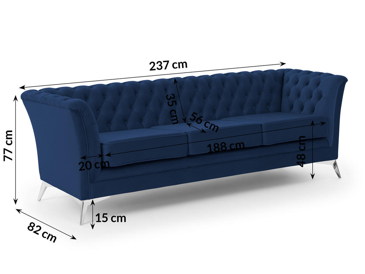 SITZGARNITUR 3+2 Chesterfield Whitby Marineblau Samt mit silbernen Füßen - Blau/Silberfarben, Holz/Textil (237/78/82cm) - S-Style Möbel