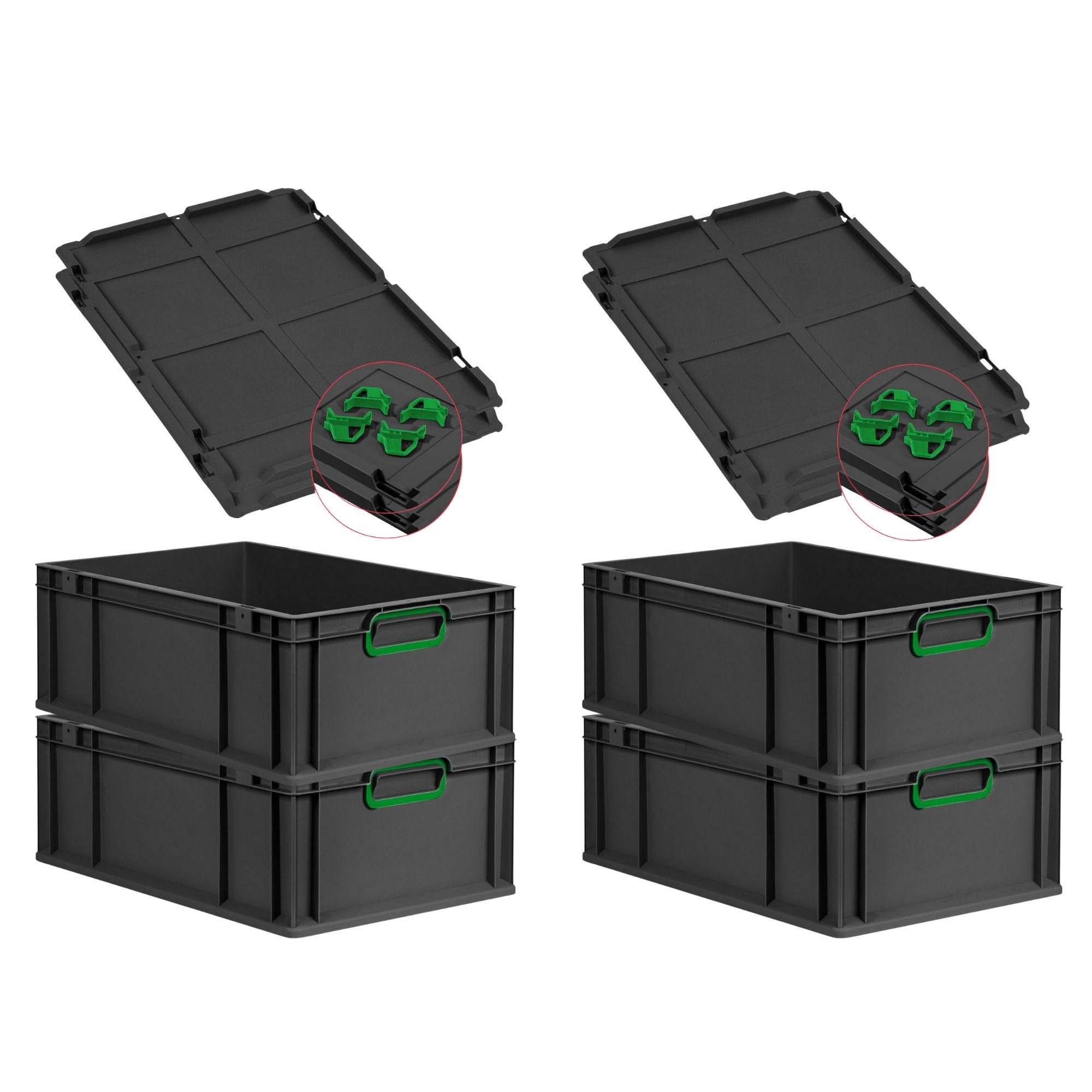 EUROBOX 4x NextGen Color mit Auflagedeckel 22x40x60 cm 44 Liter Schwarz Griffe grün zu - Schwarz/Grün, Kunststoff (40/22/60cm) - PROREGAL