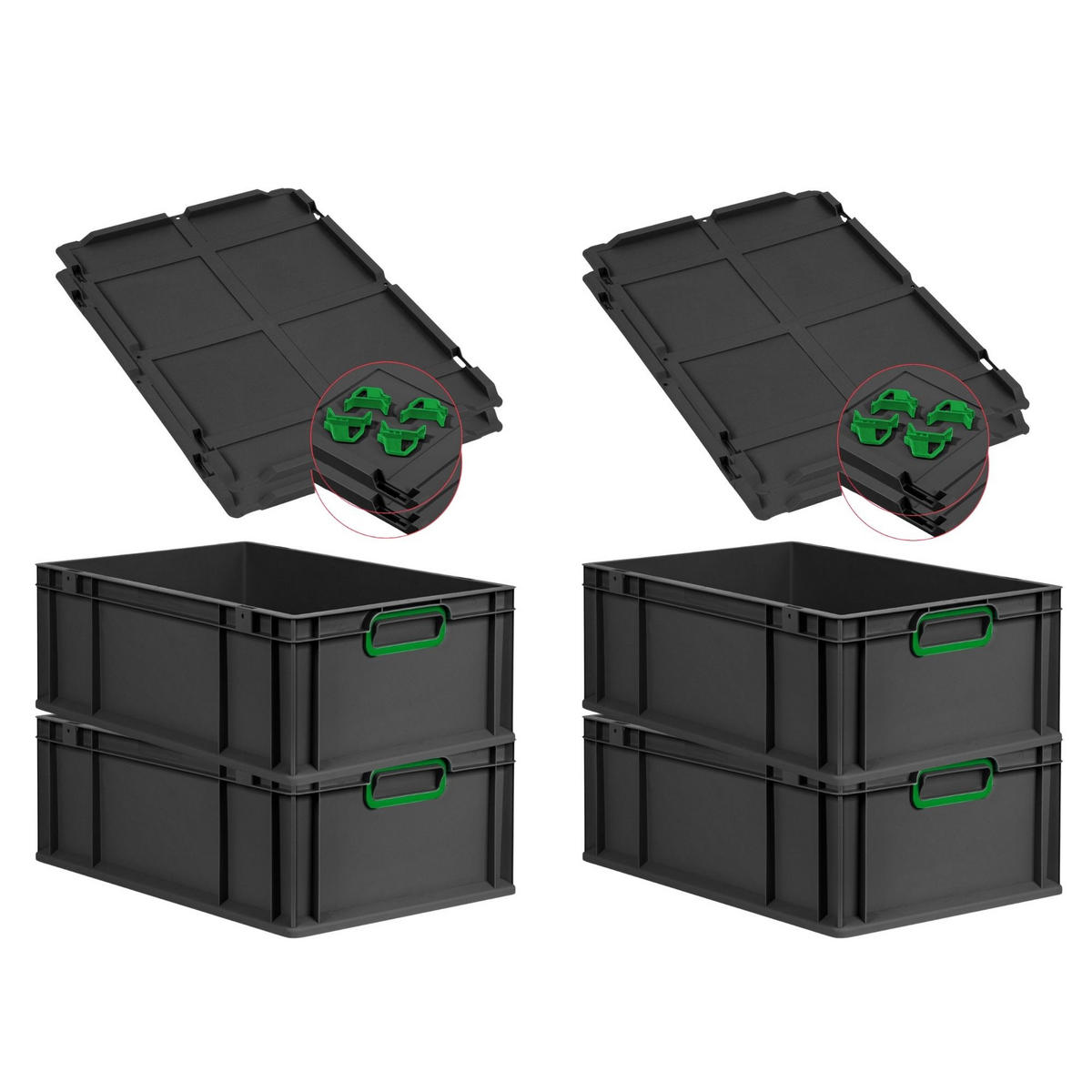 EUROBOX 4x NextGen Color mit Auflagedeckel 22x40x60 cm 44 Liter Schwarz Griffe grün zu - Schwarz/Grün, Kunststoff (40/22/60cm) - PROREGAL