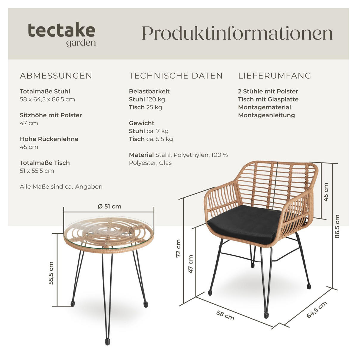 RATTAN-SITZGRUPPE Molfetta 2er Set, UV-beständig, Polyrattan Stahl, natur, 2 Stühle 58x64,5x86,5 cm, Tisch 51x55,5 cm, wasserabweisend - Naturfarben, Kunststoff - tectake
