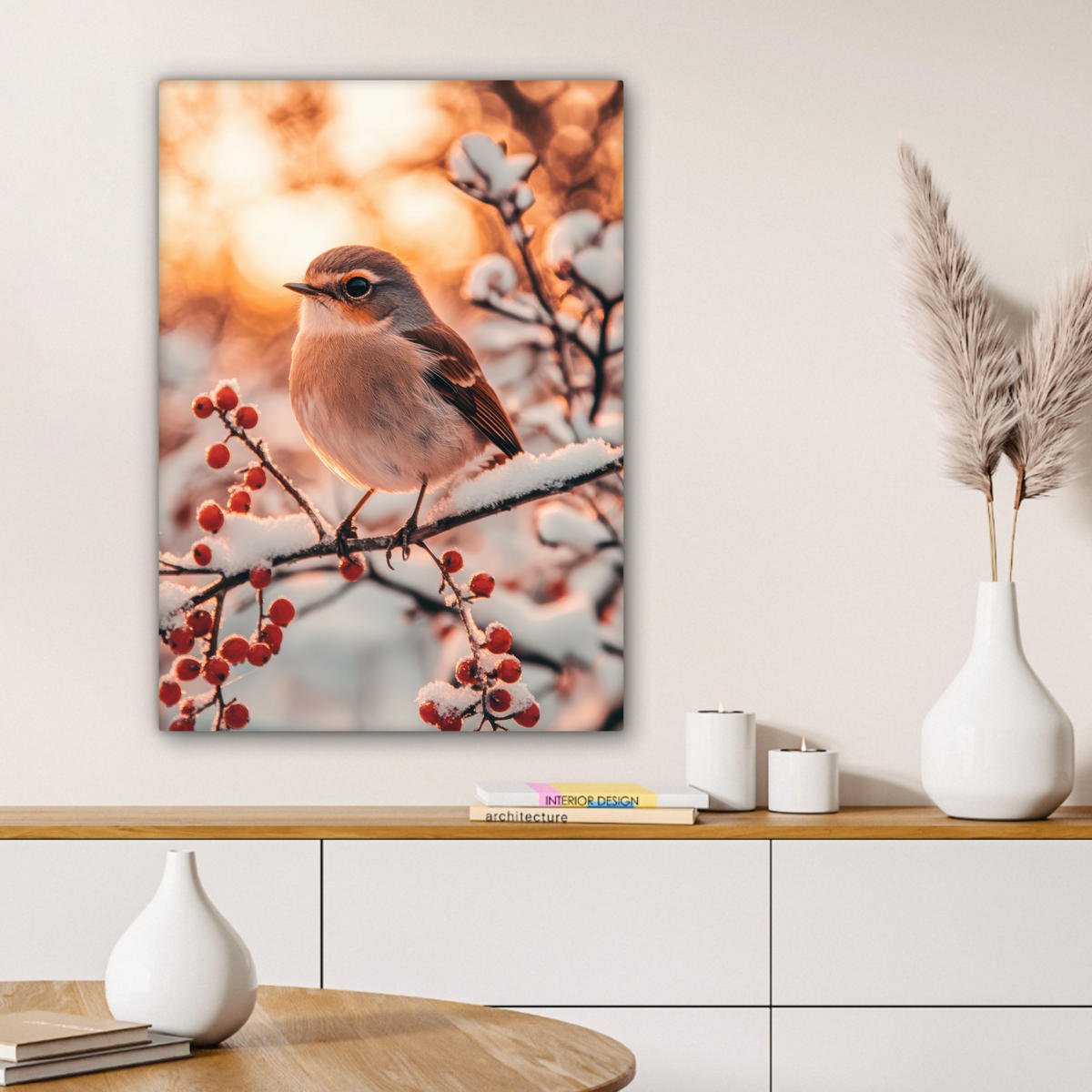 LEINWANDBILD Vogel - Zweig - Winter - Tiere - Schnee 60x80 cm - Bernsteinfarben, Textil (60/80cm) - MuchoWow