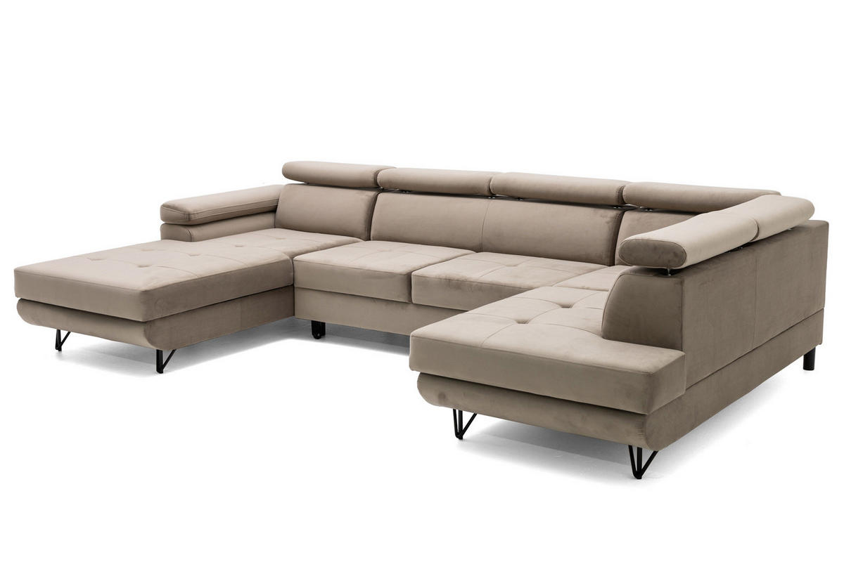 ECKSOFA U-Form JUNIOR U Rechts mit Schlaffunktion 128x254 Velours Beige - Beige/Schwarz, Holz/Textil (184/90/323cm) - Muffo