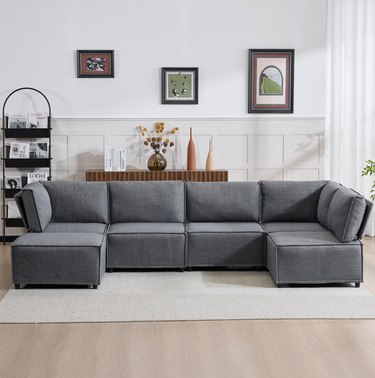 ECKSOFA 308/152/77 cm dunkelgrau aus Stoff und Sperrholz, zum Gästebett umbaubar - Dunkelgrau, Textil (152/308cm) - OKWISH