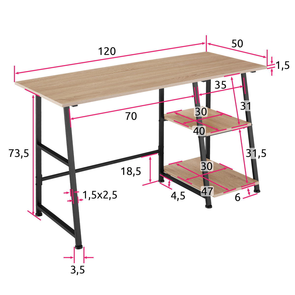 SCHREIBTISCH Paisley,120 x 50 x 73,5 cm,Industrial Holz hell, Eiche Sonoma - Naturfarben, Holzwerkstoff (120/50/73.5cm) - tectake