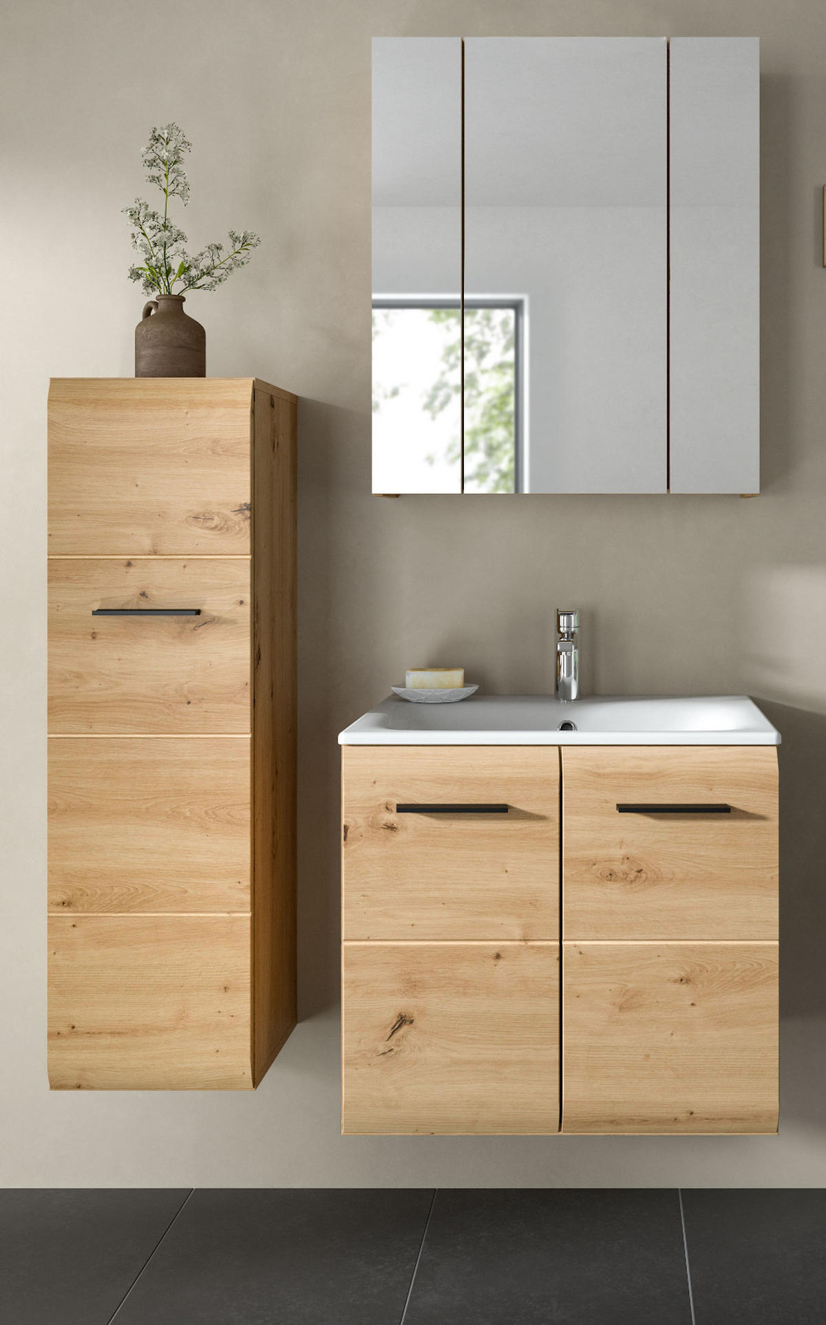 BADMÖBEL-SET 3-teilig in Artisan Eiche, Badkombination mit Waschbecken, 105 x 185 cm, Cover - Schwarz/Eiche Artisan, Glas/Keramik (105/185/30cm) - Inn.Furn