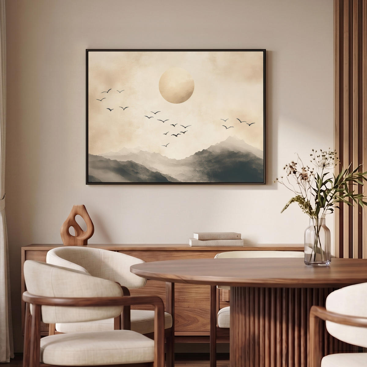 LEINWAND Bilder mit Rahmen - Landschaft - Japandi - Vogel - 100x70 - Beige, Textil (100/70cm) - MuchoWow