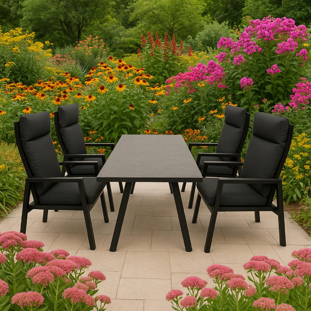 GARTEN-GARNITUR Reading - Essgruppe 5-teilig (4x Hochlehner Sessel mit Armlehnen, 1x Tisch 180x90cm), Gestell Aluminium dunkelgrau - Grau, Metall - TPFGarden