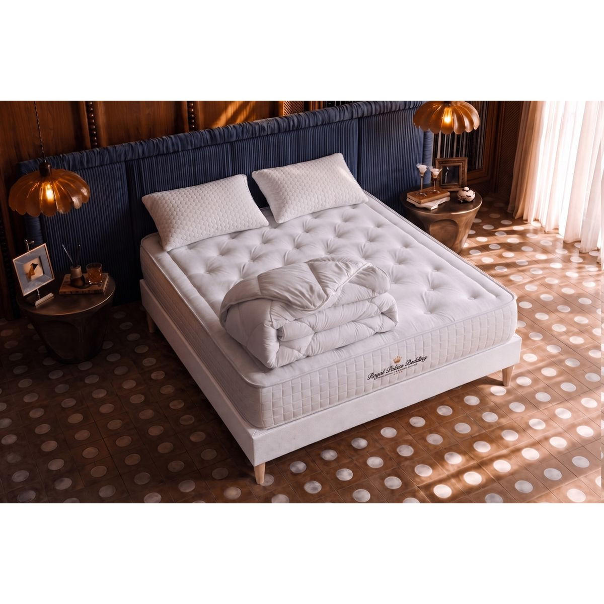 BETT Buckingham Memory-Schaum 160 x 200 cm h1 - Kit Bettgestell Weiß - Mit Kissen und Bettdecke - Beige/Weiß, Karton/Holz (160/200cm) - ROYAL PALACE BEDDING