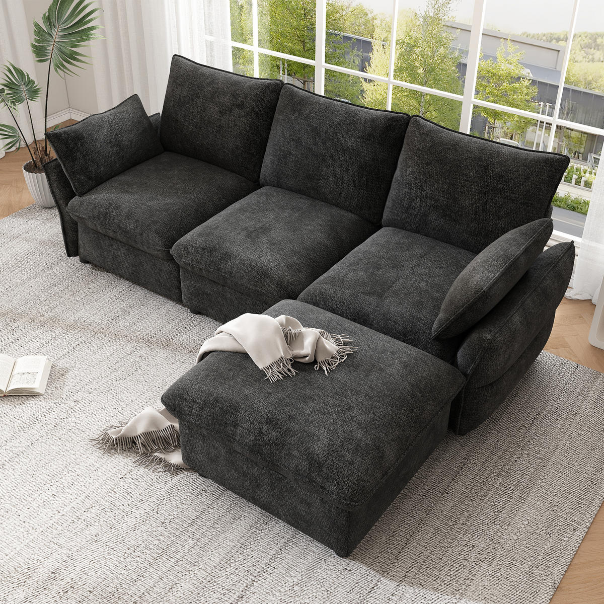 ECKSOFA 222.5/154.5/76.5 cm Dunkelgrau Chenille mit 1 Fußhocker - Dunkelgrau, Textil (222.5/154.5cm) - Oxeza