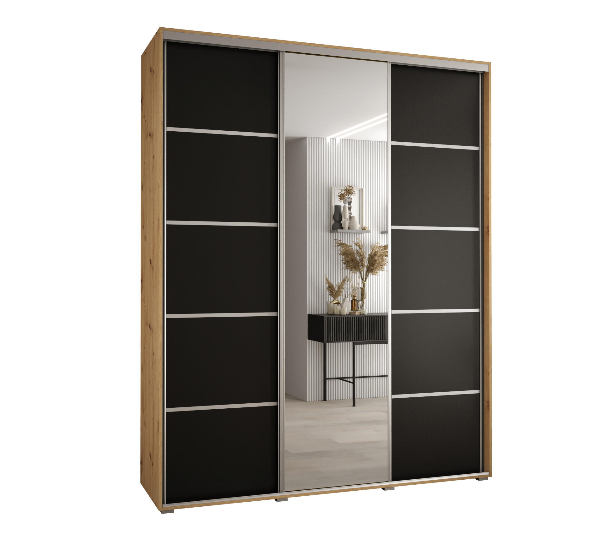 Abiks Möbel SCHWEBETÜRENSCHRANK Eiche Artisan, Schwarz, Silber 200cm × 60cm × 235cm