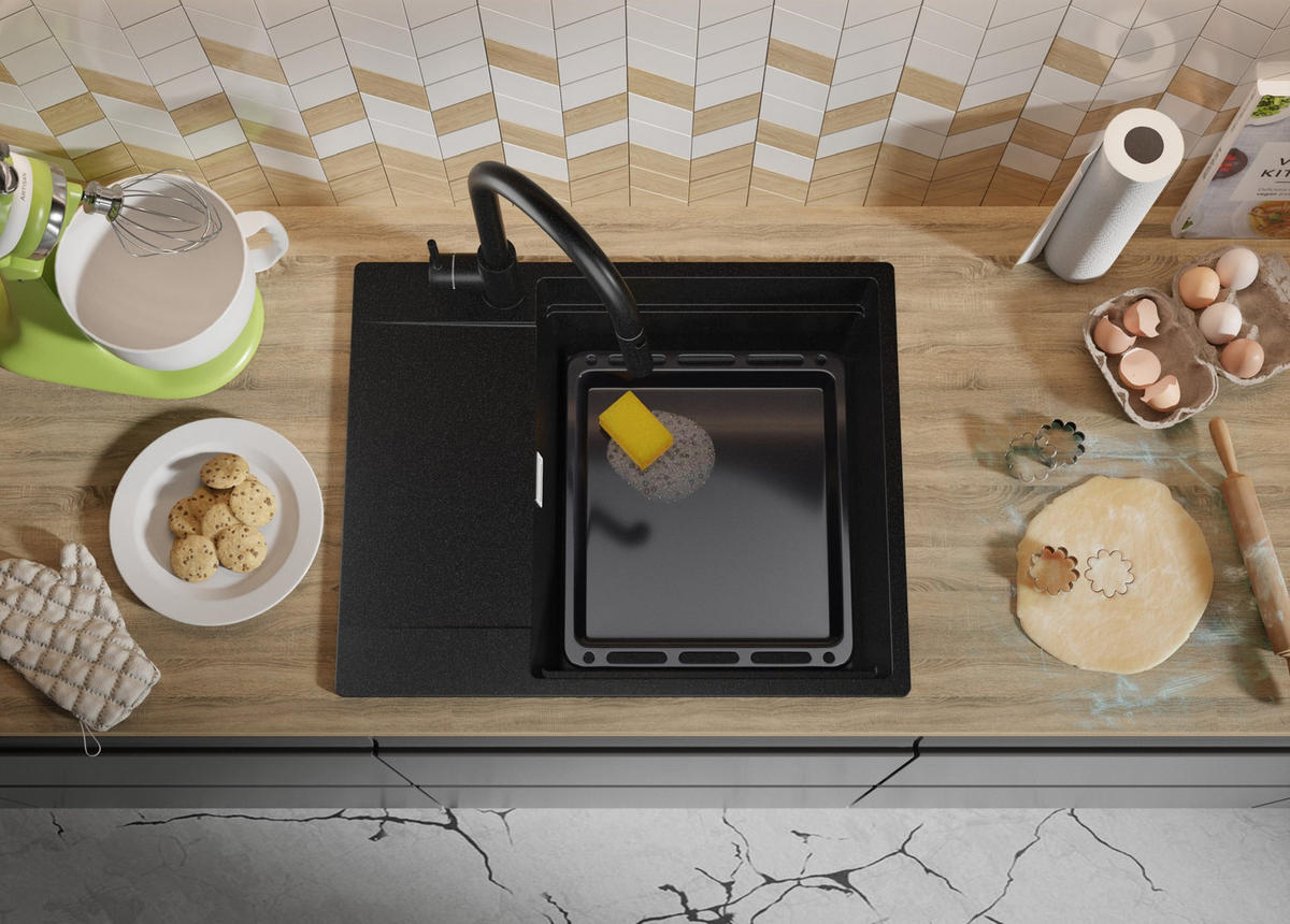 SPÜLBECKEN San Francisco, 2-er set Alles Schwarz 62/50 cm 1 Becken + Ablauf-Set + Aufrollbare Abtropffläche ab 50er Unterschrank - Schwarz, Kunststoff (62/20/50cm) - Primagran