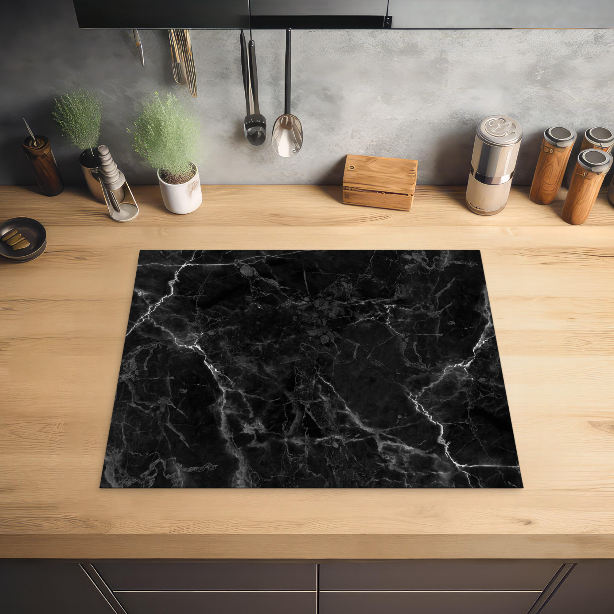 HERDABDECKPLATTE Marmor - Schwarz - Weiß - Textur - Marmoroptik 65x52 cm - Silberfarben, Kunststoff (65/0.2/52cm) - MuchoWow