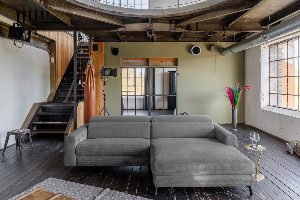 ECKSOFA LAISKA Grau Cord Relaxfunktion - Schwarz/Grau, Textil/Metall (282/177cm) - KAWOLA