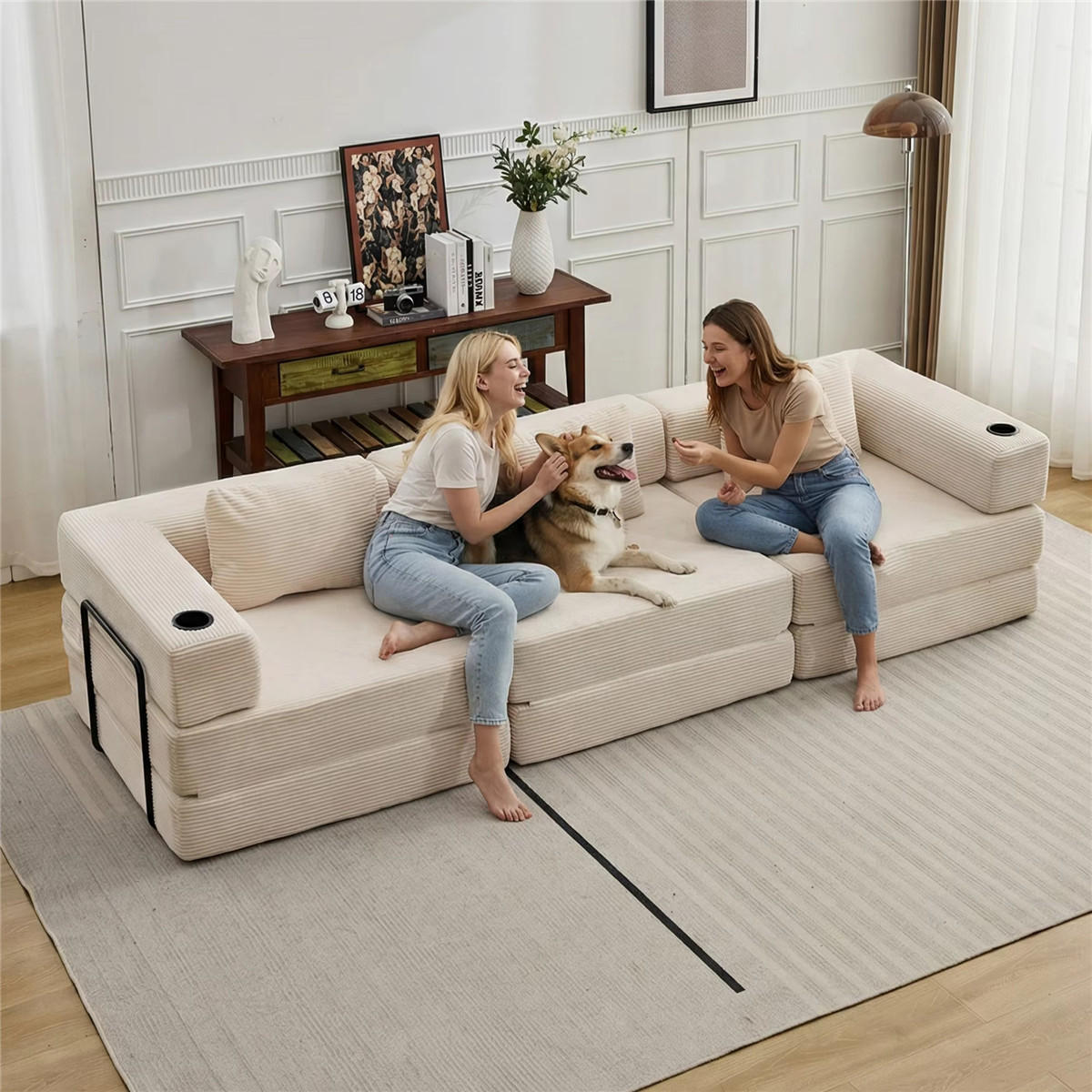 SCHLAFSOFA Cord 3-Sitzer mit Getränkehaltern und Schlaffunktion - Beige, Textil (300/63/100cm) - Kaket