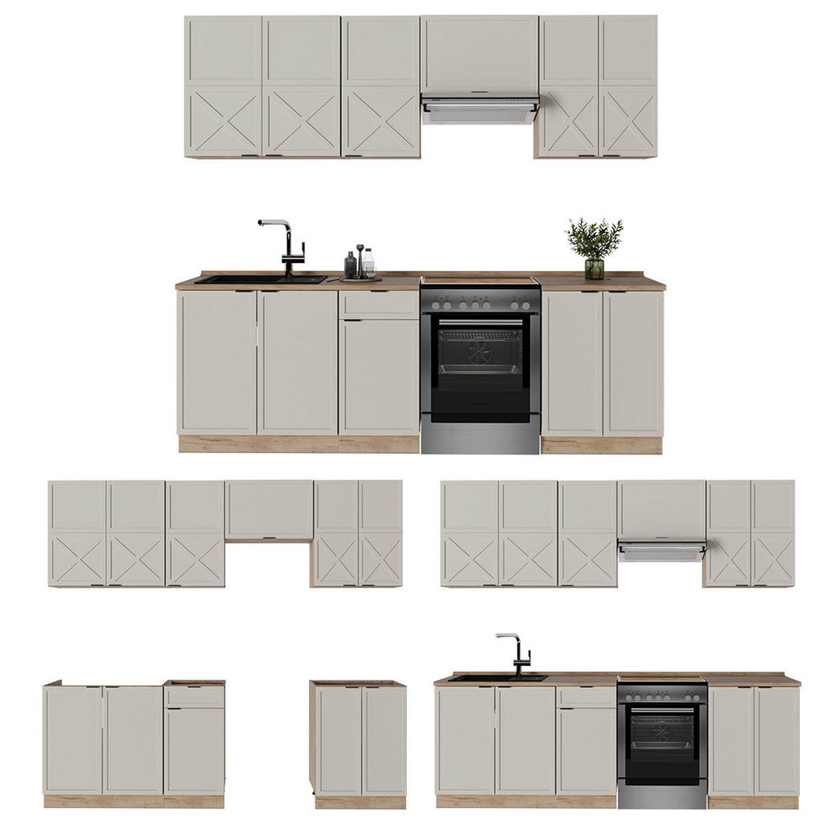 KÜCHENZEILE Fame-Line GrauBeige/Goldkraft Eiche 240 cm, AP Eiche - Honigeiche/Grau, Holzwerkstoff (240/81.6/60cm) - Vicco