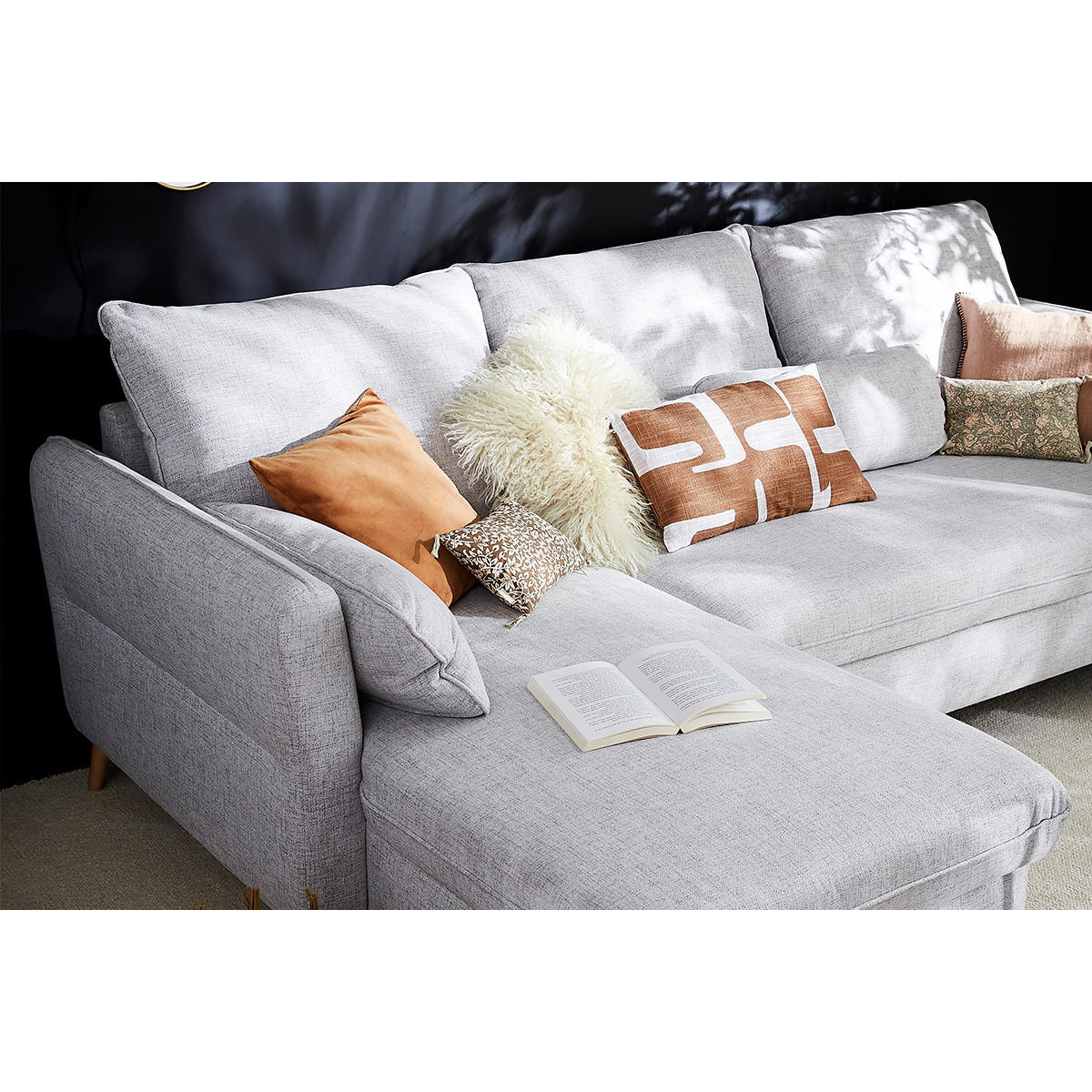 SCHLAF-ECKSOFA Stauraum 3/4-Sitzer Beiger Stoff Helles Holz DRISS - Hellgrau, Textil (159.5/241cm) - Miliboo