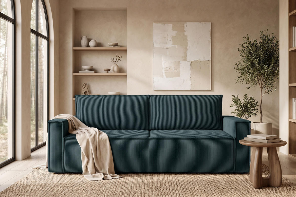 SCHLAFSOFA NAPI in Pet Friendly Cord-Stoff, blau - Blau/Schwarz, Textil (228/89/101cm) - KONSIMO®