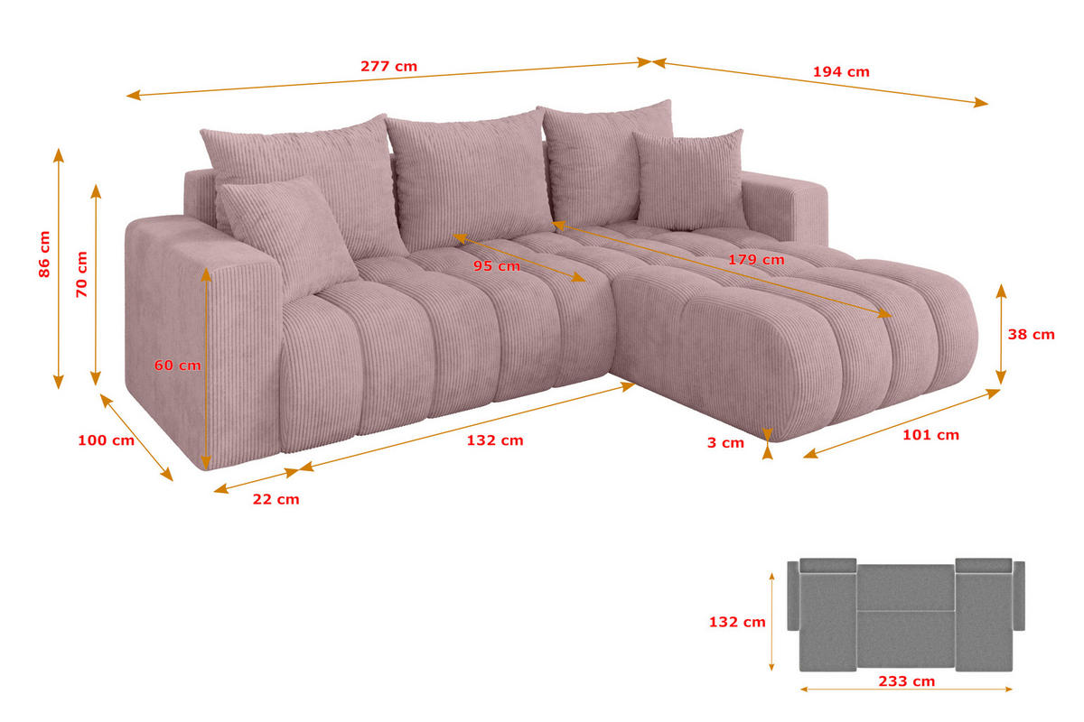ROHOVÁ SEDAČKA s funkcí spaní, otoman vpravo MILA-L-v1 277x195x86 růžová manšestr - růžová/černá, kompozitní dřevo/textil (277/194cm) - ALTDECOR