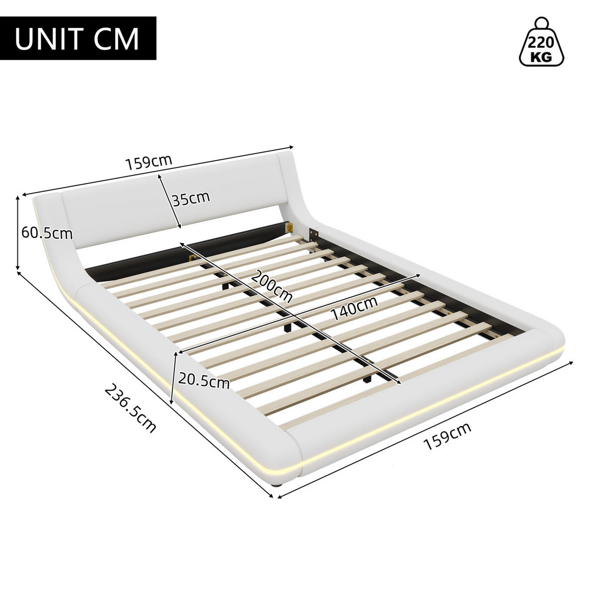 KREVET 140/200 cm s LED ambijentalnim osvjetljenjem i PU presvlakom, Bijela - bijela, koža (140/200cm) - Redom
