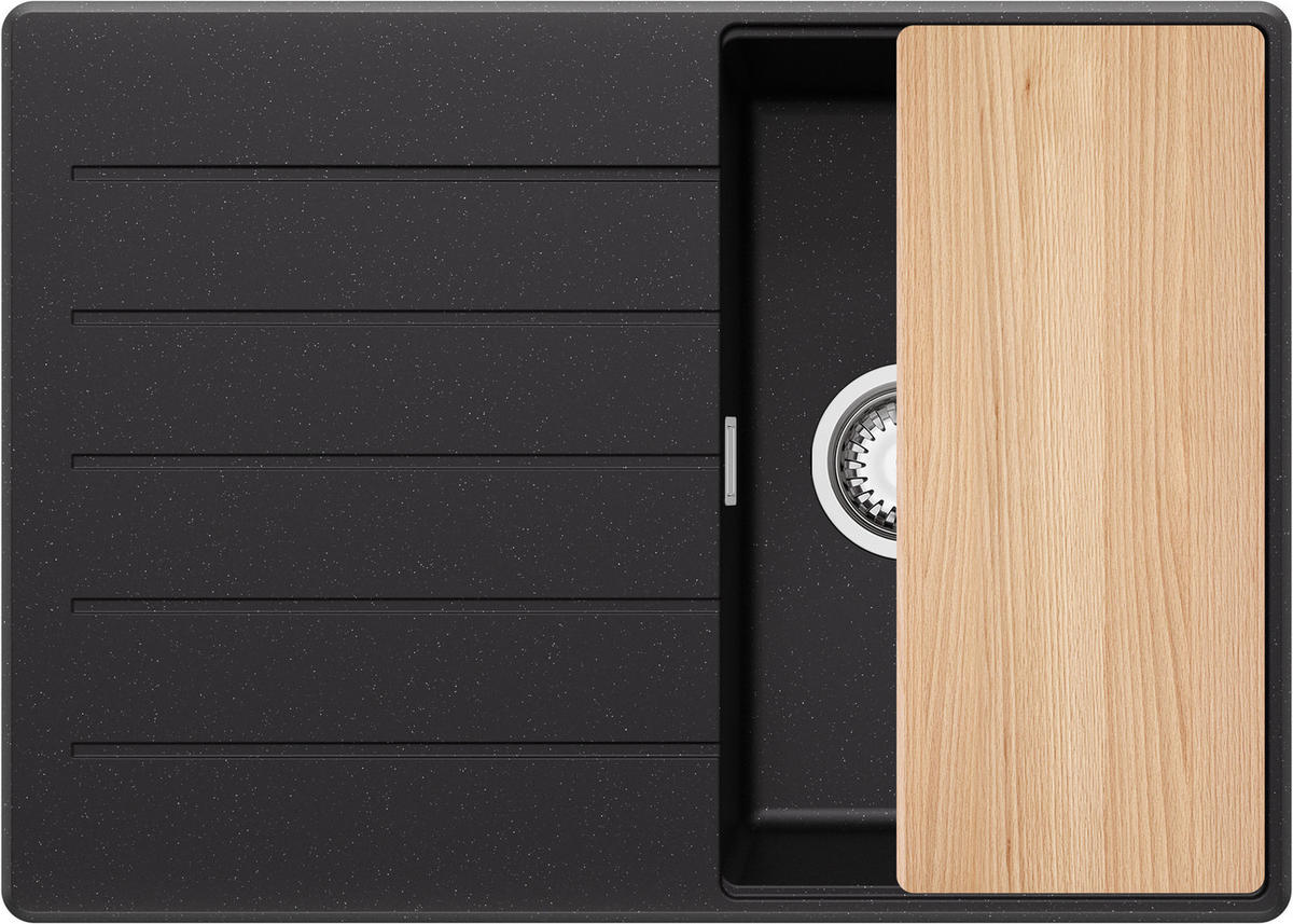 SPÜLBECKEN Kopenhagen, 2-er set Schwarz Metallic 70/50 cm 1 Becken + Ablauf-Set + Schneidebrett ab 40er Unterschrank - Chromfarben/Schwarz Hochglanz, Kunststoff (70/20/50cm) - Primagran