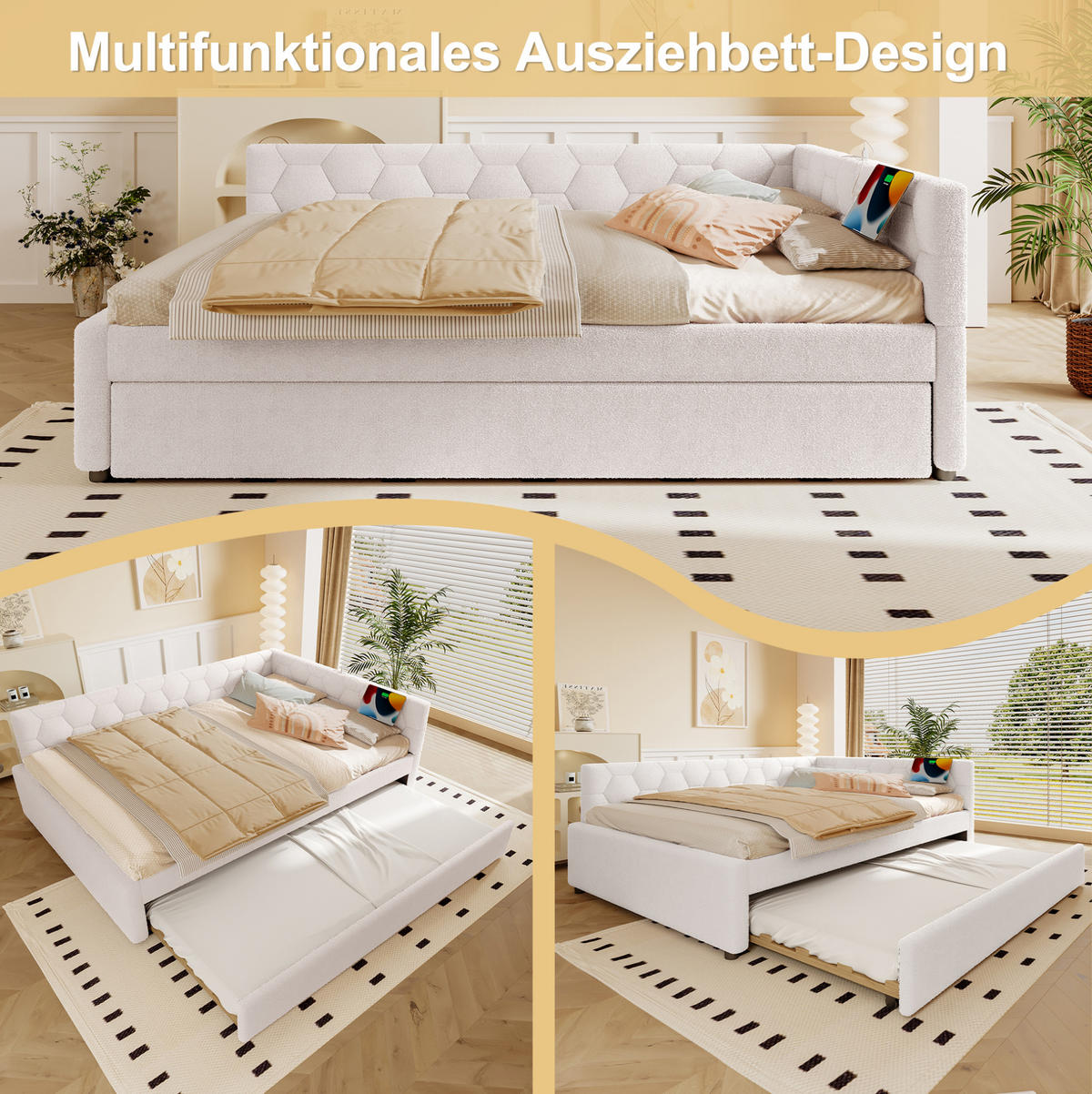 POLSTERBETT 140/200 cm in Weiß mit PolsterPolsterbett, USB- und Type-C-Anschlüssen - Weiß, Textil (140/200cm) - Flora Grace