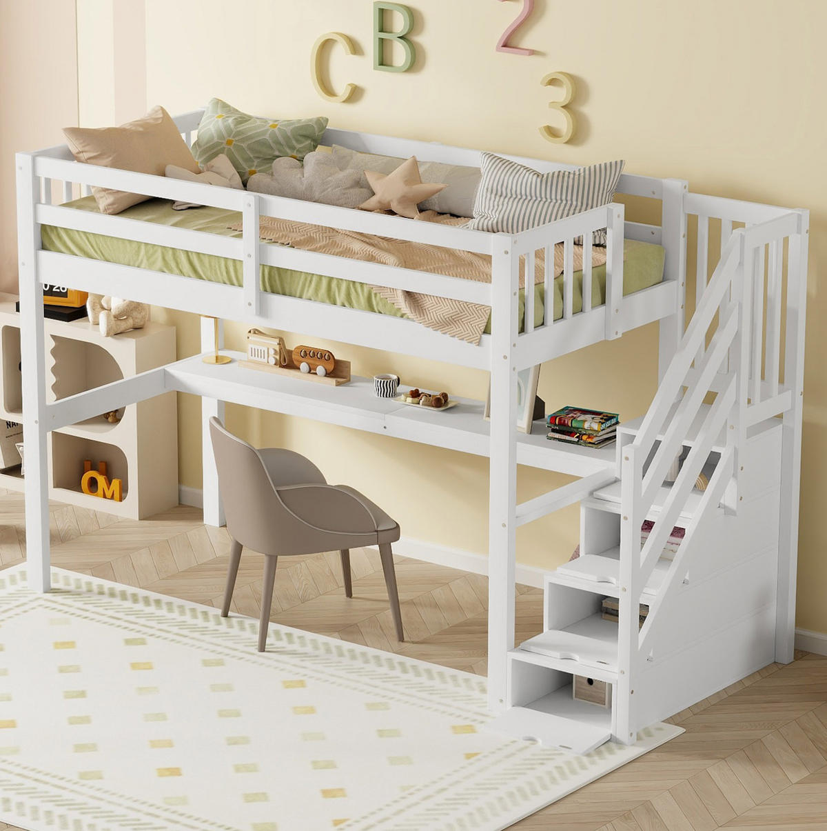 KINDERHOCHBETT 90/200 cm mit Schreibtisch, Stauraumschubladen und Regal, Weiß - Weiß, Holzwerkstoff (90/200cm) - Redom