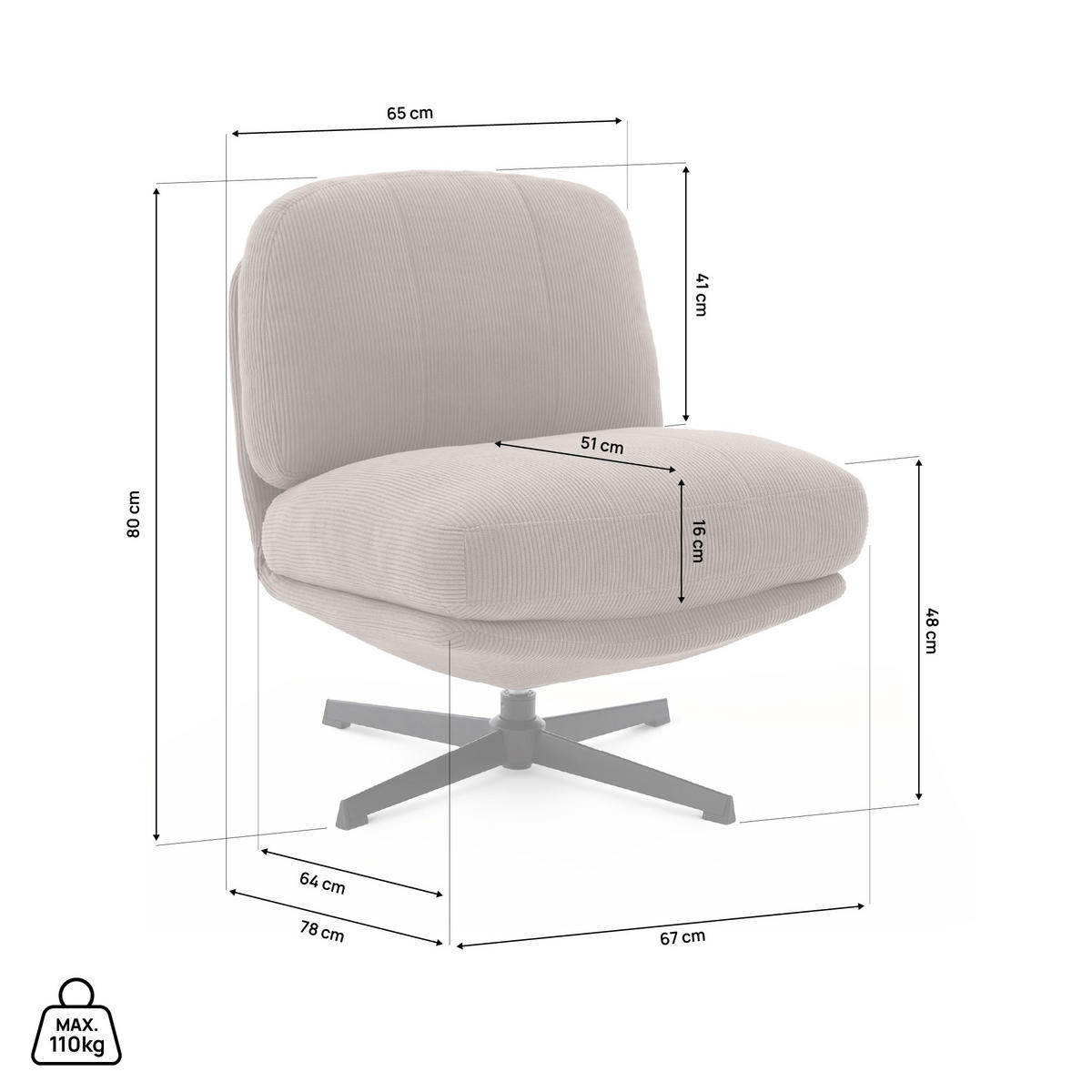 DREHSESSEL Lena aus moderner Cord taupefarbenem - Taupe/Schwarz, Textil/Metall (67/80/78cm) - Sicaan