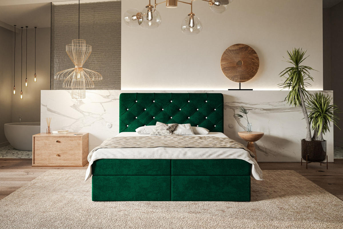 BOXBETT BOSTON mit 2 Bettkästen, 140x200, Farbe: Dunkelgrün, Velourstoff, Doppelbett mit Bonell-Matratze - Dunkelgrün, Holz/Kunststoff (140/200cm) - Alpi-Möbel