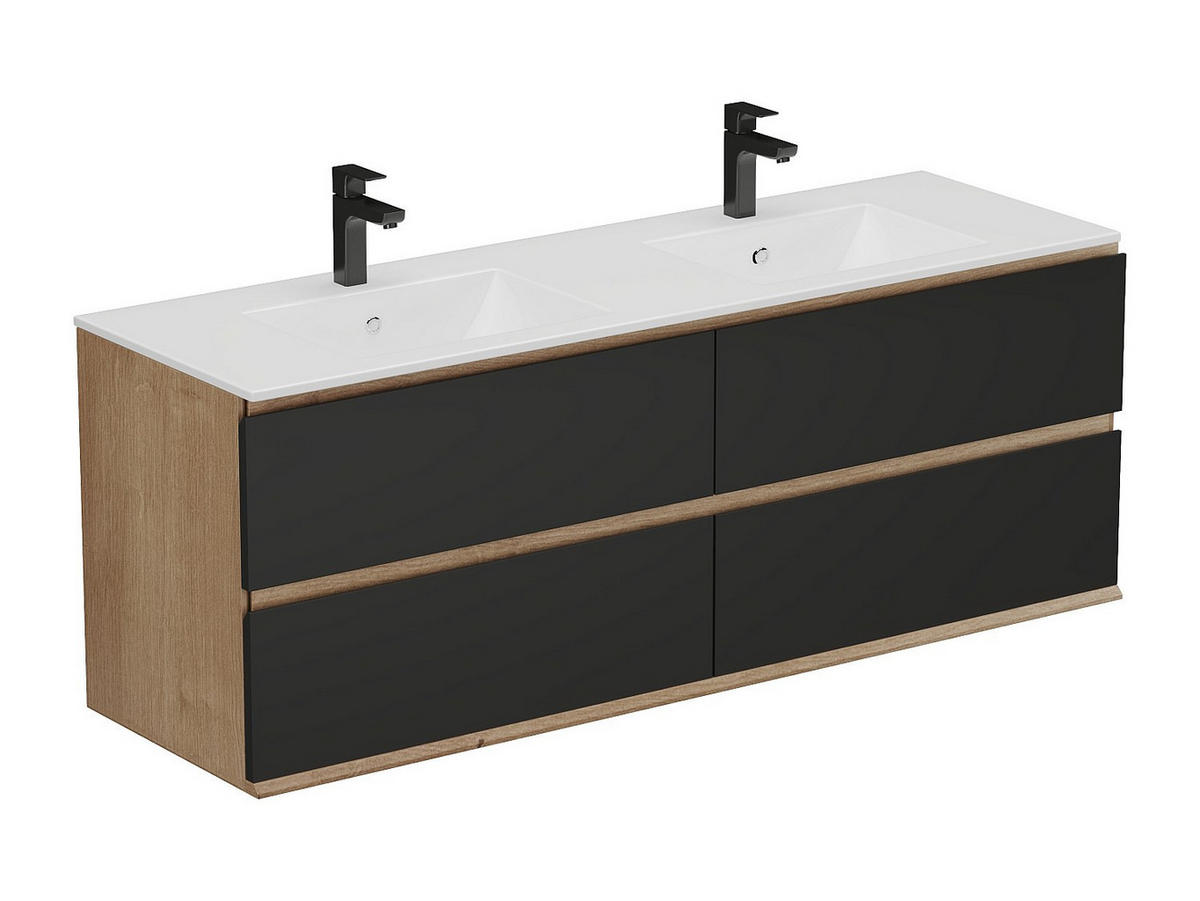 DOPPELWASCHTISCH - 150 cm x 45.5 cm - holz - schwarz, naturfarben hell Saburi - Weiß, Holz (150/55/45.5cm) - Vente-Unique