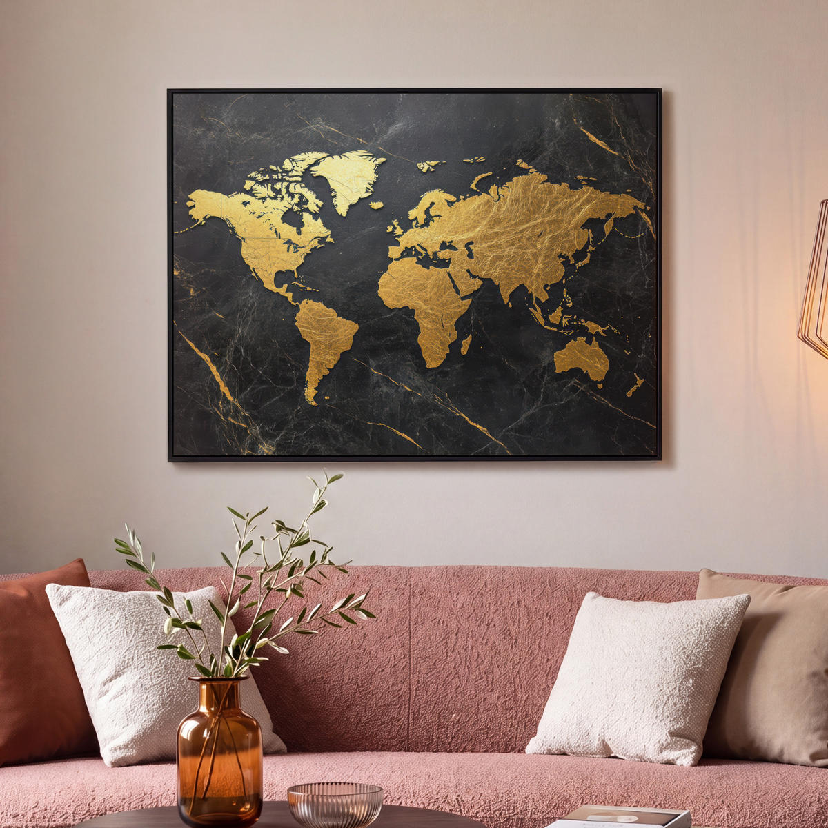 LEINWAND Bilder mit Rahmen - Weltkarte - Gold - Marmor - 100x70 - Goldfarben, Textil (100/70cm) - MuchoWow