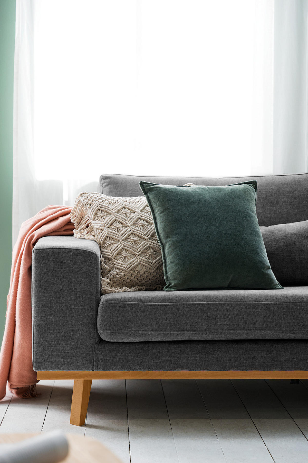 3-SITZER SOFA - Dunkelgrau/Buchefarben, Buchenholz/Textil (237/81/88cm) - home24