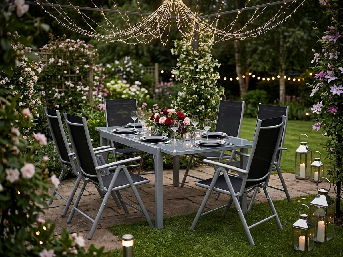 GARTEN-GARNITUR Ashford - 9-teilig (8x Klappsessel mit Armlehnen, 1x Ausziehtisch 180/240x100cm) - Schwarz, Metall - TPFGarden