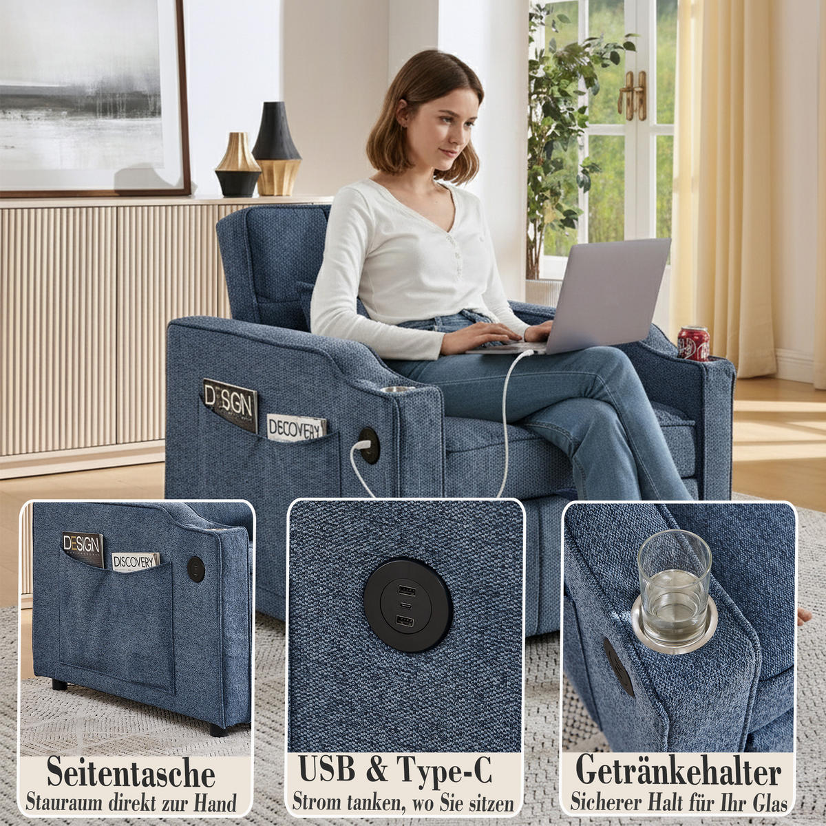 RELAXSESSEL 190/85/86 cm Marineblau mit USB-/Typ-C-Anschluss und Seitentasche - Dunkelblau, Textil (190/86/85cm) - Oxeza