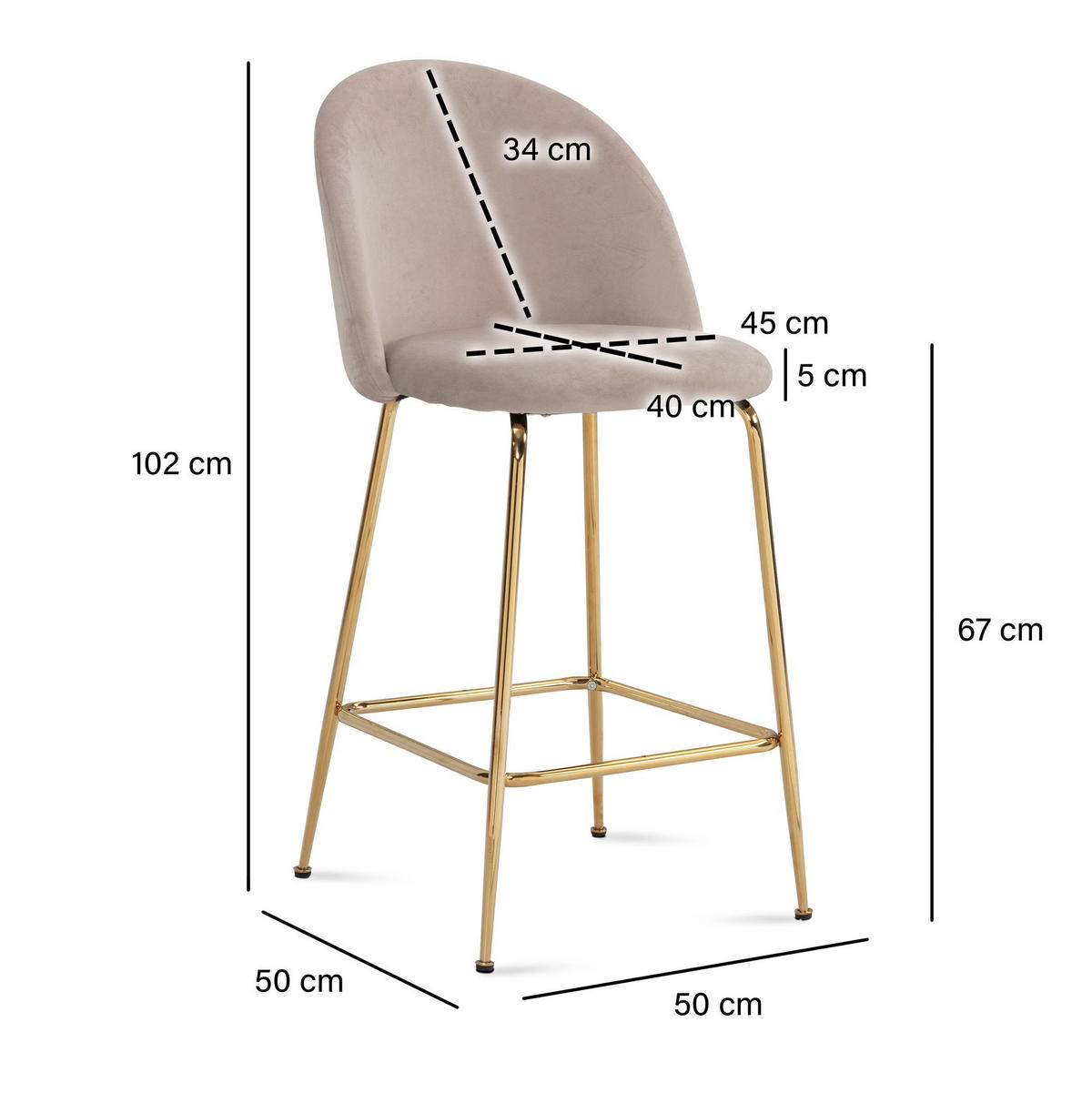 BARHOCKER 2er Set Samt Lehne Goldgestell Skandi-Stil Gepolstert, Beige 50x50x102 cm - Beige/Goldfarben, Textil/Metall (50/102/50cm) - KADIMA DESIGN