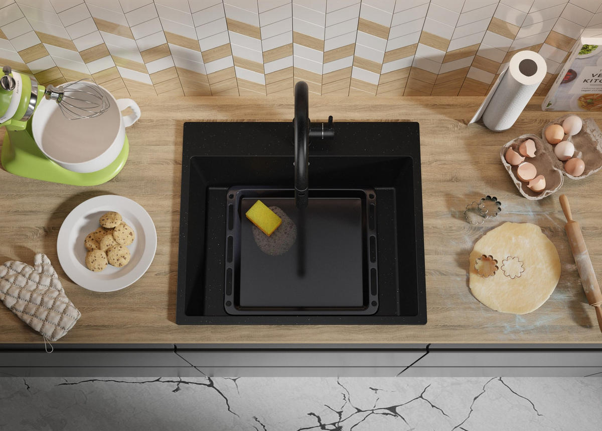 SPÜLBECKEN Riga, 2-er set Schwarz Metallic 58/50 cm 1 Becken + Ablauf-Set ab 60er Unterschrank - Chromfarben/Schwarz Hochglanz, Kunststoff (58/20/50cm) - Primagran