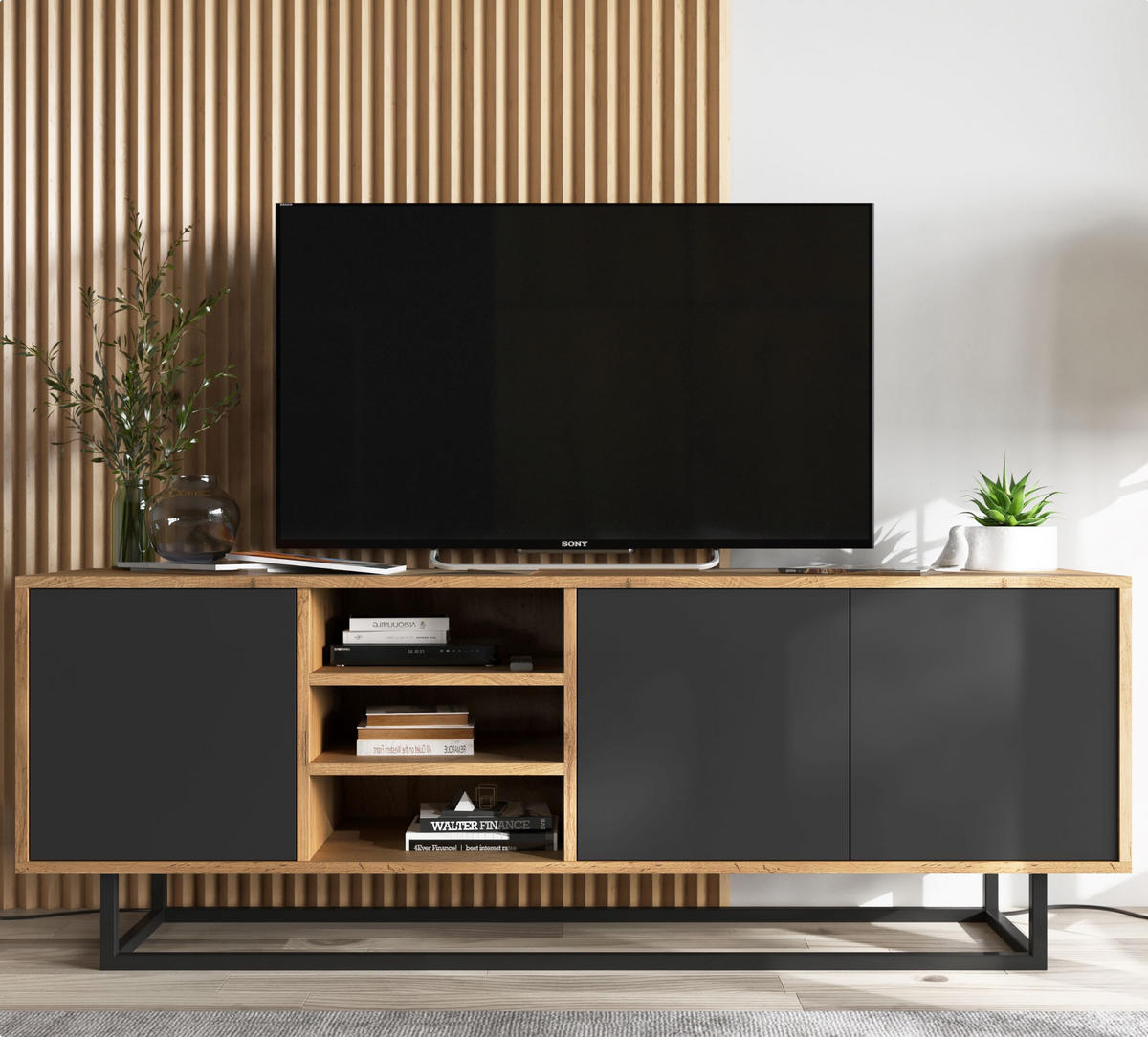 TV-LOWBOARD Apollo Eiche wotan Schwarz Matt 150/53/35 cm - Schwarz, Holzwerkstoff/Metall (150/53/35cm) - Meble Lindner