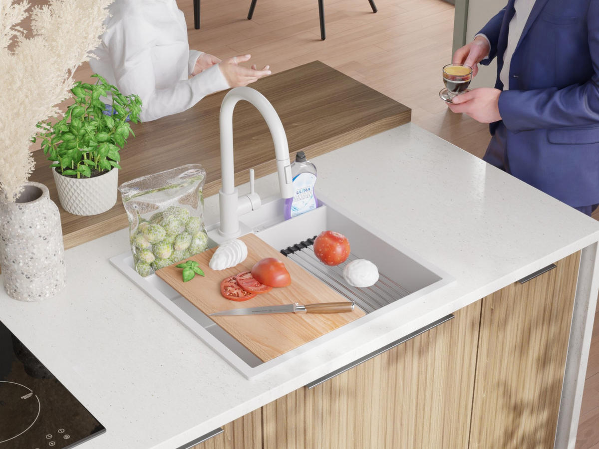 SPÜLBECKEN Bergen Pocket, 2-er set Weiß 56/54 cm 1 Becken + Ablauf-Set + Küchenzubehörset ab 60er Unterschrank - Chromfarben/Beige, Kunststoff (56/20/54cm) - Primagran