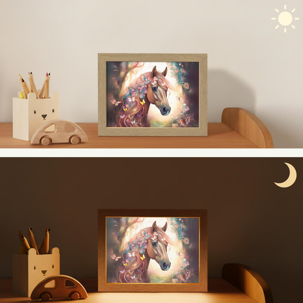 NACHTTISCHLAMPE Pferd - Natur - Blumen - Schmetterlinge - Wald 20x15 cm - Dunkelbraun, Holzwerkstoff (8/20/15cm)