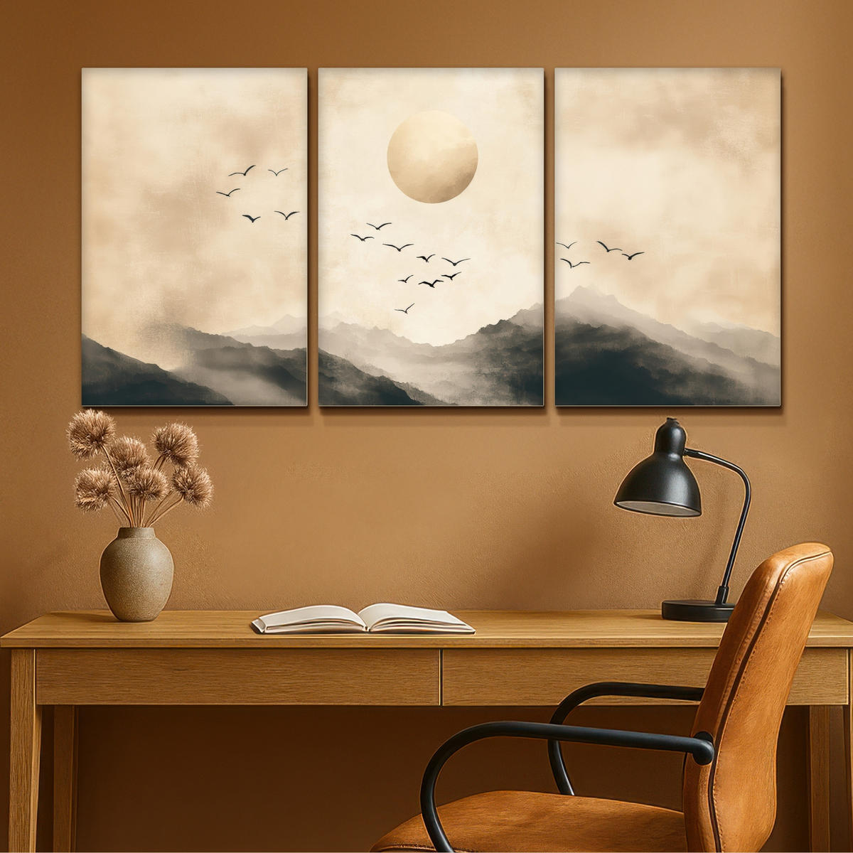 LEINWANDBILD 3er Set Landschaft - Japandi - Beige - Vögel 120x60 cm - Beige, Textil (120/60cm) - MuchoWow