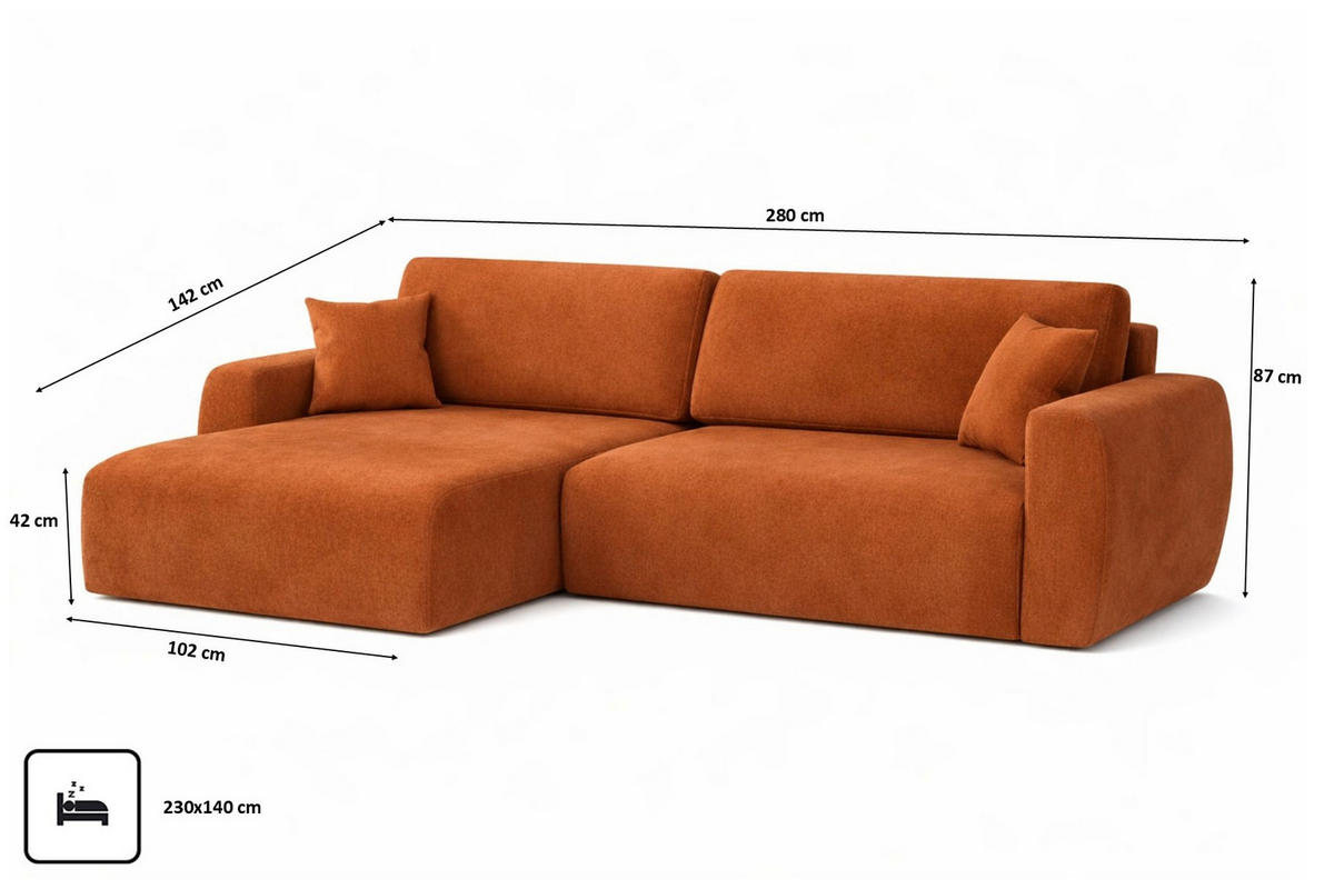 ECKSOFA Mit Schlaffunktion, Ariel XL, Velours, Stoff Salvador, Braun, Links - Braun, Holz (280/142cm) - Kaiser Möbel